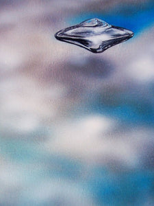 closeup flying saucer floating thru the clouds