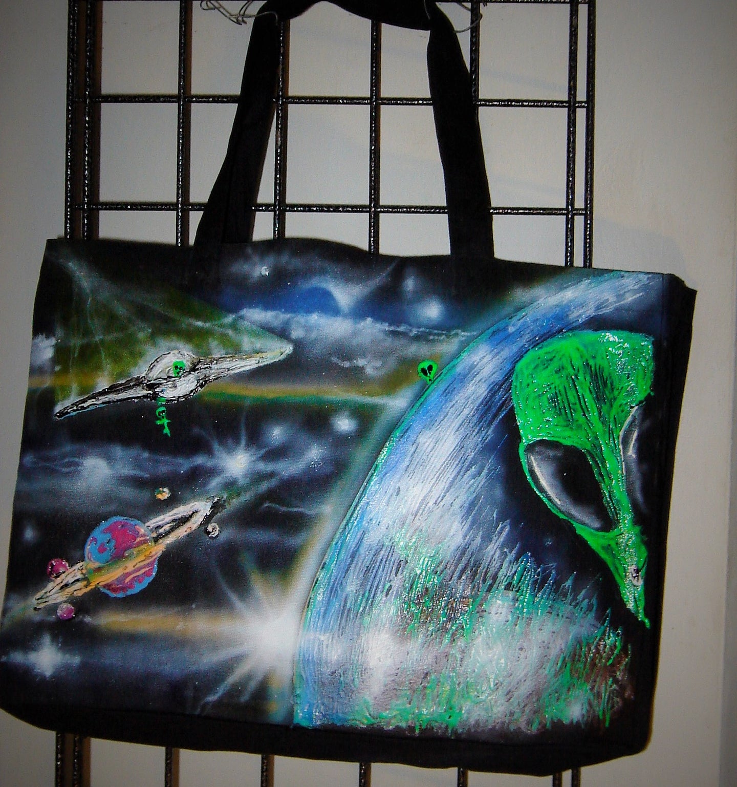 shopping/market tote Alien inspired for Out-of-This World Market trips-artist Hand Painted unique