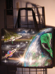 shopping/market tote Alien inspired for Out-of-This World Market trips-artist Hand Painted unique