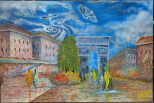 sci-fi themed painting of alien women strolling the streets of Paris in view of the Arch de Triumph titled Springtime in Paris.“