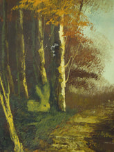 classic autumn forrest painting but for playful alien being and overhead flying saucers