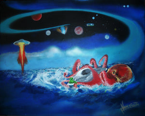 Groovy scene (painting) of a downed flying saucer floating on the ocean surface as a giant octopus engages the saucer and exiting alien.