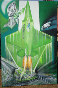 Philadelphia Eagles painting 36" x 24" on canvas "Champions Night Fly-Over"